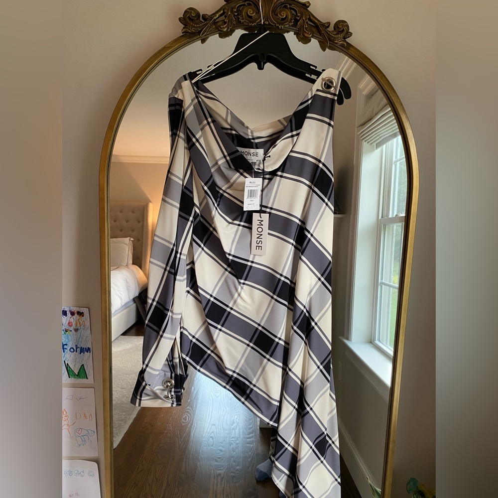 MONSE Plaid One Sleeve Georgette Blouse - Picture 2 of 5